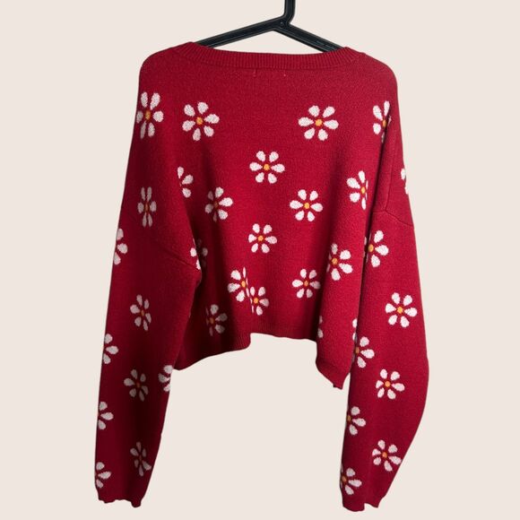 🌼 XL JOSELYN CREW NECK PULLOVER DAISY FLORAL SLIGHT CROP SWEATER Y2K STYLE RED - Picture 7 of 9
